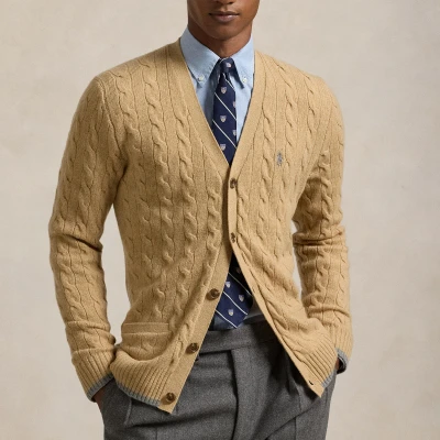 Image of Polo Ralph Lauren Cable KNIT WOOL Cashmere Cardigan Cardigan, Men&#039;s, Size: XXL, Camel melange