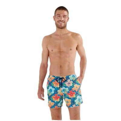 Image of Hom Men&#039;s Dino Swim Shorts Board, Floral Print Turquoise Background, M