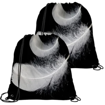 Image of VAPOKF 2PCS Drawstring Bags, PE Gym Bag, Large String Swim Trainer Bag Personalised for School Sports Travel, White Feather