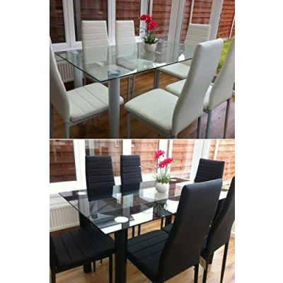 Image of KOSY KOALA STUNNING BLACK GLASS KITCHEN DINING TABLE SET AND 6 FAUX LEATHER CHAIRS