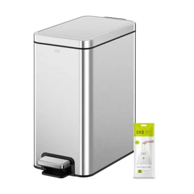 Image of EKO 10 Litre Stella Slim Step Bin, Fingerprint Resistant Stainless Steel Pedal Rubbish Bin with Removable Inner Liner (Silver)