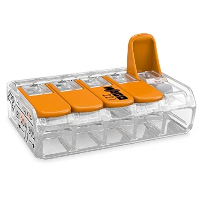 Image of WAGO COMPACT Splicing Connector; all conductor types; max. 4 mm²; 5 conductor; with levers; transparent housing; Surrounding air temperature: max 85C (T85); 4,00 transparent, 221 415 (25 pcs)