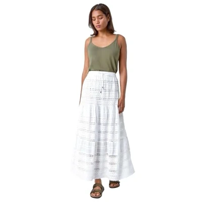 Image of Roman Originals Lace Detail Cotton Maxi Skirt for Women UK Ladies Everyday Holiday Spring Summer Comfy Soft Evening Vacation Work Party White Size 16
