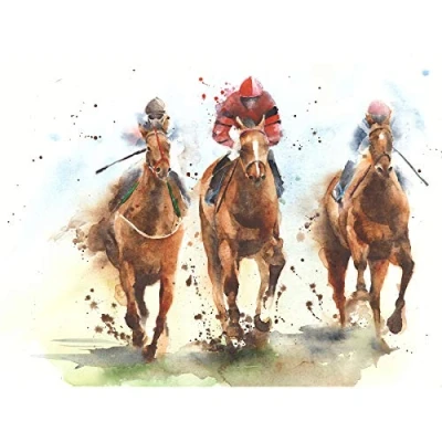 Image of Wee Blue Coo Racing Horses Watercolour Large Wall Art Print Canvas Premium Poster