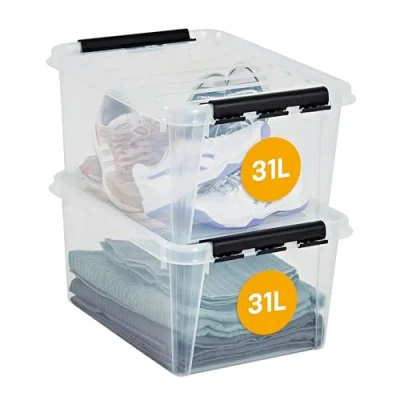 Image of SmartStore 32L Clear Plastic Storage Boxes, 2 Pack, Reinforced, 10 Year Guarantee, Food Safe, Clip Locked, Stackable and Nestable, BPA Free L50 x W39 H26 cm