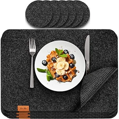 Image of Luana Rose Rectangular Felt Placemats in Anthracite Pack of 12 Washable 44 x 32 cm Coasters Table and Glass