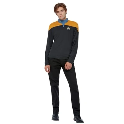 Image of Smiffys Star Trek Voyager Operations Uniform, Adult Top with Embroidered Delta Badge &amp; Rank Insignias, Official License Halloween Fancy Dress Accessory