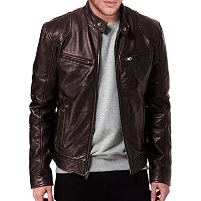Image of Leather Jacket Mens Biker Jackets Casual Smart Winter (Brown, L)
