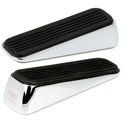 Image of H&amp;S 2 Door Stop Stopper Heavy Duty Stainless Steel Wedge Metal Doorstop Bumper Buffer w/Rubber Stoppers