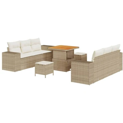 Image of vidaXL 9 Piece Garden Sofa Set with Cushions Beige Poly Rattan Acacia