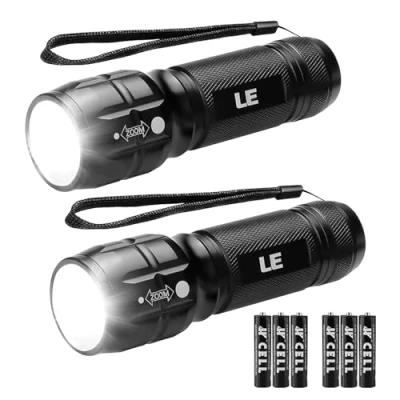 Image of LE LED Torch, LE1000 Powerful Handheld Flashlight, Super Bright, Pocket Size, Lightweight, Suit for Camping, Cycling, Running, Dog Walking and More Outdoor Use, 6 AAA Batteries Included, Pack of 2