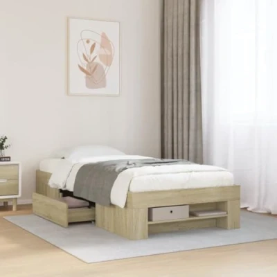Image of vidaXL Bed Frame with Drawers &amp; Compartments Sonoma Oak 90x200 cm Single Engineered Wood Bedroom Storage Solution