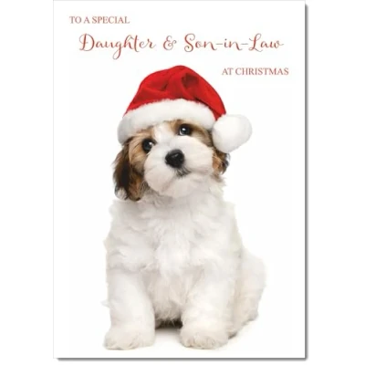 Image of doodlecards Daughter and Son in Law Christmas Card Dog Santa Hat Medium Size for &amp; with Plain Envelope