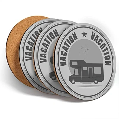 Image of Destination Vinyl ltd Great Coasters (Set of 4) Round BW Camper Van Bus Motorhome Camping Drink Glossy Coasters/Tabletop Protection for Any Table Type #40699