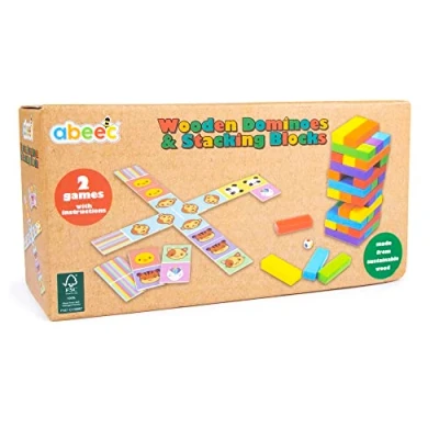Image of abeec Wooden Blocks &amp; Dominoes For Children Kids Toys Age 3 Games Stacking Animal Educational 2+ Year Olds