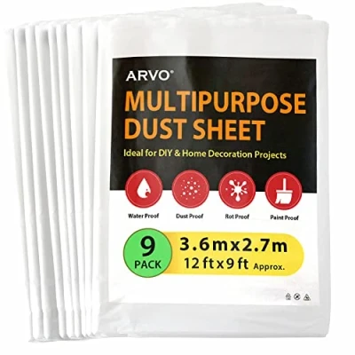 Image of ARVO Large Plastic Dust Sheets for Decorating 12ft x 9ft (3.6m 2.7m), Sheet Painting, Furniture, Floor, Proof and Water Polythene (Pack of 9)