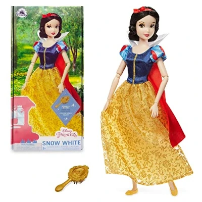 Image of Disney Store Official Snow White Classic Doll for Kids, and the Seven Dwarfs, 29cm/11, Includes Brush with Moulded Details, Fully Posable Toy in Glittery Dress Suitable Ages 3+