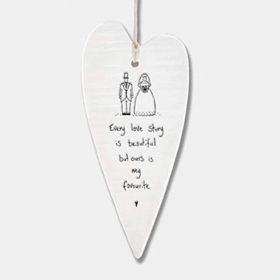 Image of East of India Wobbly White Porcelain Heart Every Love Story is Beautiful 13.7 x 6cm