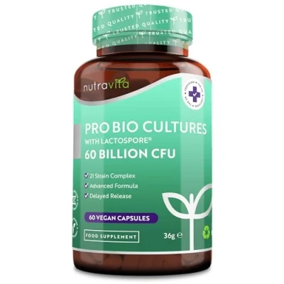 Image of 60 Billion CFU Probiotic Cultures Scientifically Backed Lactospore® for Good Gut Flora Enteric Coating to Ensure Probiotics are Delivered Directly The Made in UK