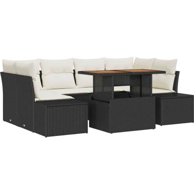 Image of vidaXL 7 Piece Garden Dining Set with Cushions Black Poly Rattan Acacia