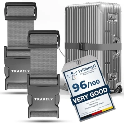 Image of Travely® Premium Luggage Strap Especially Eye catching and Safe Includes 2 Name Tags Ideal Over Cross [Set of 2] Grey