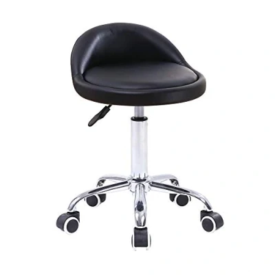 Image of KKTONER PU Leather Round Rolling Stool with Back Rest Height Adjustable Swivel Drafting Work SPA Task Chair Wheels (Black)