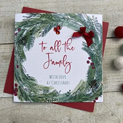 Image of White Cotton Cards TO ALL THE FAMILY WREATH CHRISTMAS CARD, HANDMADE (C22 29 &amp; XC22 29)