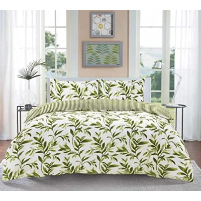 Image of Homespace Direct Ellie Green Watercolour Leaves Duvet Cover Set Striped Reverse Fully Reversible Bedding Single
