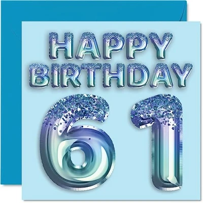 Image of 61st Birthday Card for Men Blue Glitter Party Balloon Happy Cards 61 Year Old Man Uncle Grandad Dad Grandpa Gran, 145mm x Sixty One First Bday Greeting Gift