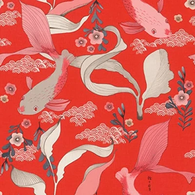 Image of Rasch Tapeten 539844 Non Woven Wallpaper with Koi Carp in Rose and Plants Grey on Red Background Light Textile Structure from The Amazing Collection 10.05 m x 53 cm (L W)