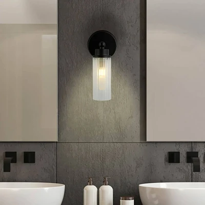 Image of Imperial 1 Light Wall Lamp, Matt Black Metal &amp; Clear Ribbed Glass