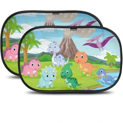Image of Car Window Shades for Baby with Certified UV Protection Optimal Darkness Suction Cups in Universal Size 51 x 31 cm Dino Design Pack of 2