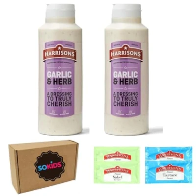 Image of Harrison Garlic and Herb Sauce Pack of 2 Bottles 1 Liter Each 5 Sachets Salt Pepper No Artificial Color or Flavor Made in UK