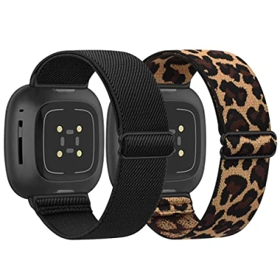 Image of WOOZ [2 Pack] Straps Compatible with Fitbit Versa 3 Strap/Fitbit Sense Strap for Women/Men, Stretchy Adjustable Nylon Stylish Replacement Elastic Wristband / (Black+Leopard)
