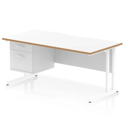 Image of Oslo 1600 x 800mm Edge Office Desk White Top Natural Wood Cantilever Leg Workstation 1 2 Drawer Fixed Pedestal