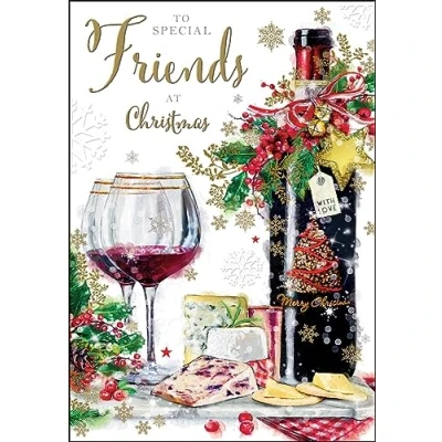 Image of Jonny Javelin Special Friends Christmas Card Festive Cheese and Wine Spread Embossed with Foil Flitter Details