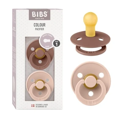 Image of BIBS Colour Soother 2 Pack, BPA Free Dummy Pacifier, Round Nipple. Natural Rubber Latex, Size 1 (0 6 Months), Woodchuck/Blush