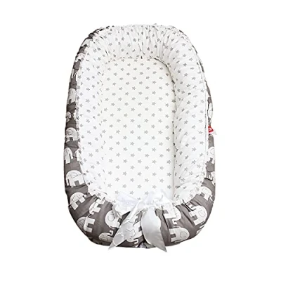 Image of SONARIN Baby Nest for Newborn and Babies,Double Sided,Baby Bassinet Bed/Lounger/Nest/Pod/Cot Bed/Sleeping, Breathable,100% Cotton Hypoallergenic,with Pillow,Portable(Elephant Gray)