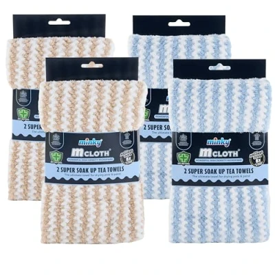 Image of Minky Super Soak Up Tea Towels Pack of 8, Ultra Absorbent, Powerful High Density Microfibre, Anti Bacterial Formulation, Hanging Tag For Easy Storage, Machine Washable (8, Beige &amp; Blue)