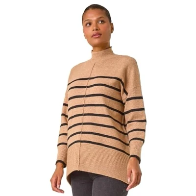 Image of Roman Originals Relaxed Stripe Soft Knit Jumper for Women UK Ladies Everyday Autumn Winter High Neckline Comfy Evening Vacation Work Party Night Out Camel Size 14