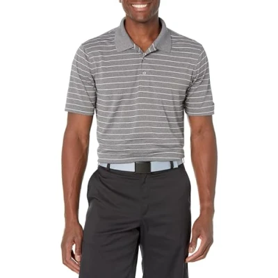 Image of Amazon Essentials Men&#039;s Regular Fit Quick Dry Golf Polo Shirt, Medium Grey Heather White Stripes, S