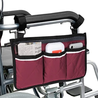 Image of supregear Wheelchair Armrest Side Bag, Walker Organizer Bag with Reflective Stripes Waterproof Storage Pouches for Any Wheelchair, Mobility Scooter, Walker, Rollator Carry Accessories (Wine Red)