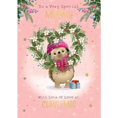 Image of Mummy Christmas Card Very Special Hedgehog and Love Heart Wreath Artistic Festive Design Finish Made in the UK Eco Friendly