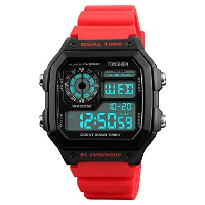 Image of TONSHEN Sport Digital Watch for Men Outdoor Military 50M Waterproof LED Electronic Double Time Multifunction Stopwatch Alarm Countdown Rectangular Plastic Watches with Rubber Band (Red)
