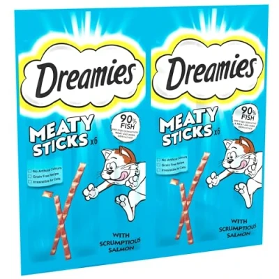 Image of Dreamies Meaty Sticks 84 Piece, Cat Treats Tasty Snacks with Delicious Salmon, Pack of 12 x (30 g)