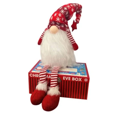 Image of PMS VFM Red 55cm Sitting Gonk Quirky Festive Nordic Scandi Christmas Decoration Luxury Knitted &amp; Felt Xmas Gnome Ornament With Snowflake Stripes Pattern