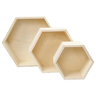 Image of Creativ Company 56430 Hexagon Shelves, H: 14,8+19+24,2 cm, Depth 10 Plywood, Hexagonal, 3 Assorted Shelves and Sizes