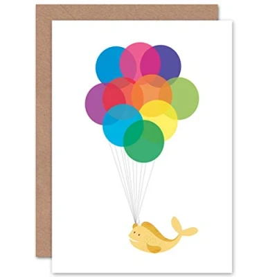 Image of Wee Blue Coo Painting Cartoon Happy Balloon Goldfish Fish Kids Art Sealed Greeting Card Plus Envelope Blank inside