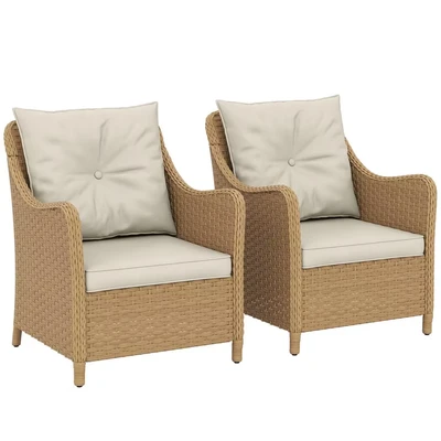 Image of Outsunny Rattan Garden Chairs Set of 2, Outdoor with Cushions, Armrests and High Back, PE Wicker Armchair Steel Frame for Balcony, Porch, Beige