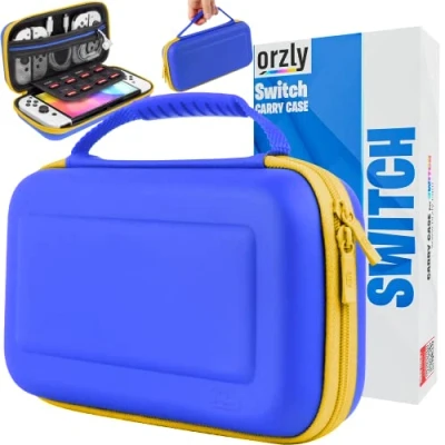 Image of Orzly Carry Case for White Nintendo Switch OLED Console with Accessories and Games Storage Compartment Easy Clean Gift Boxed Edition (Yellow/Blue)